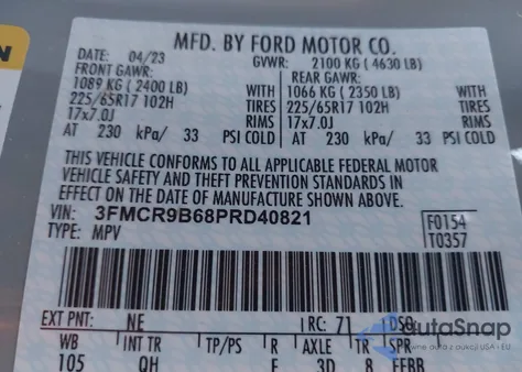 2023 Ford Bronco Sport Big Bend z USA, uszkodzony, nr VIN 3FMCR9B68PRD40821